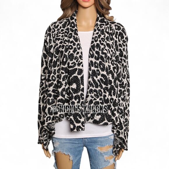 Forever 21 Leopard Print Knit Cardigan Tan Black Waterfall Open Front Size S - Picture 2 of 8